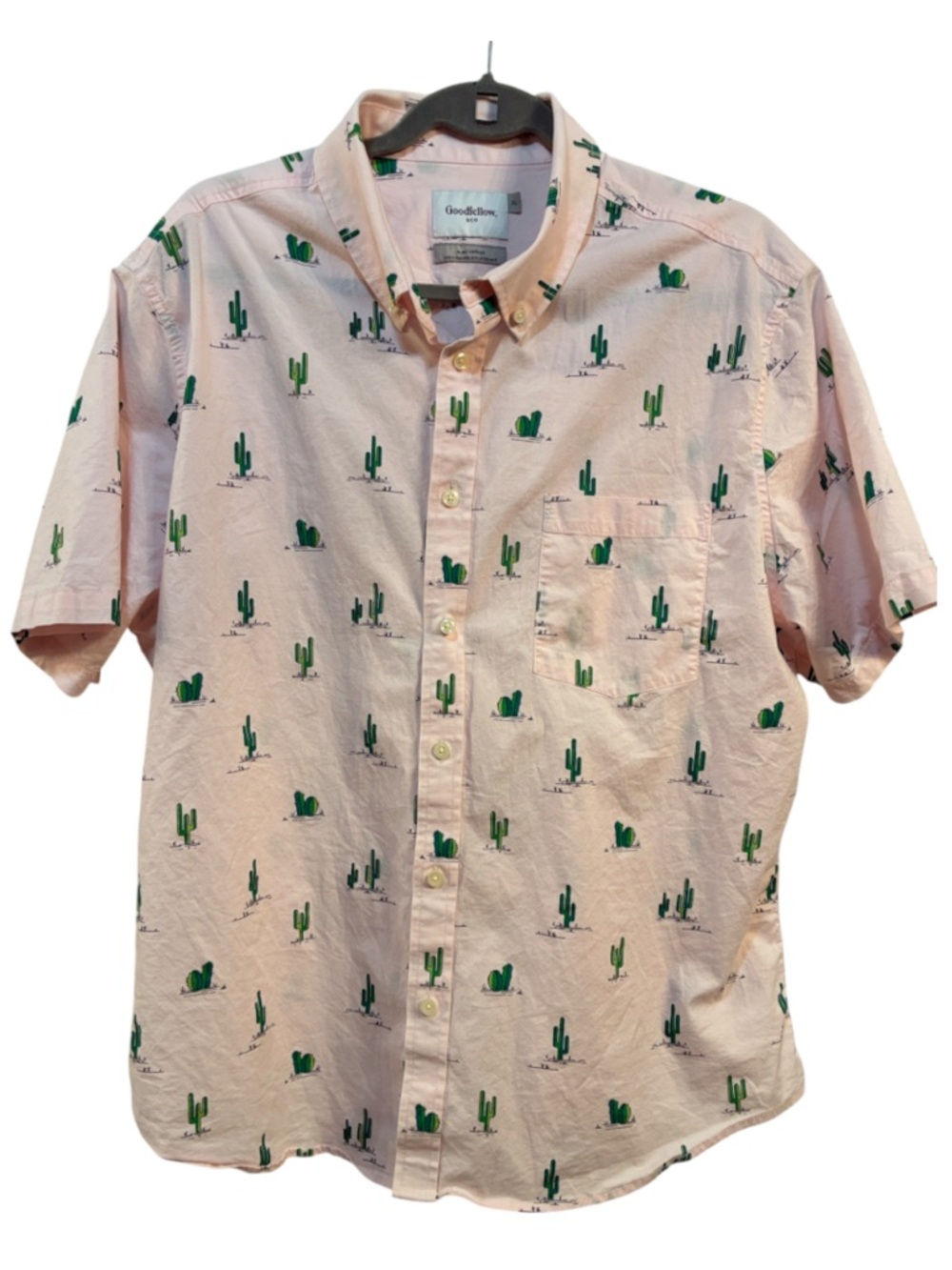 Men’s pale pink short sleeve bottom up cactus print shirt XL